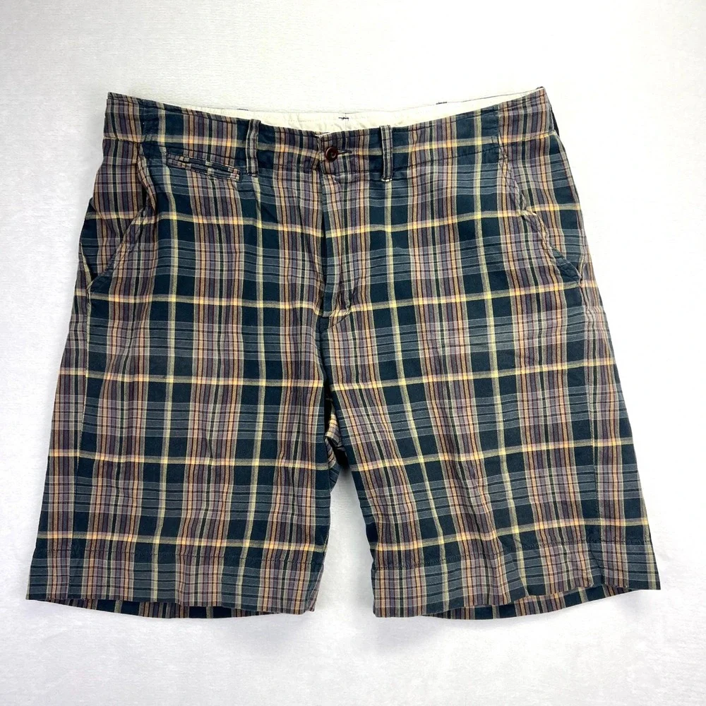 Polo Ralph Lauren Shorts Mens 37 Navy Yellow Plaid Preppy Cotton Flat Front