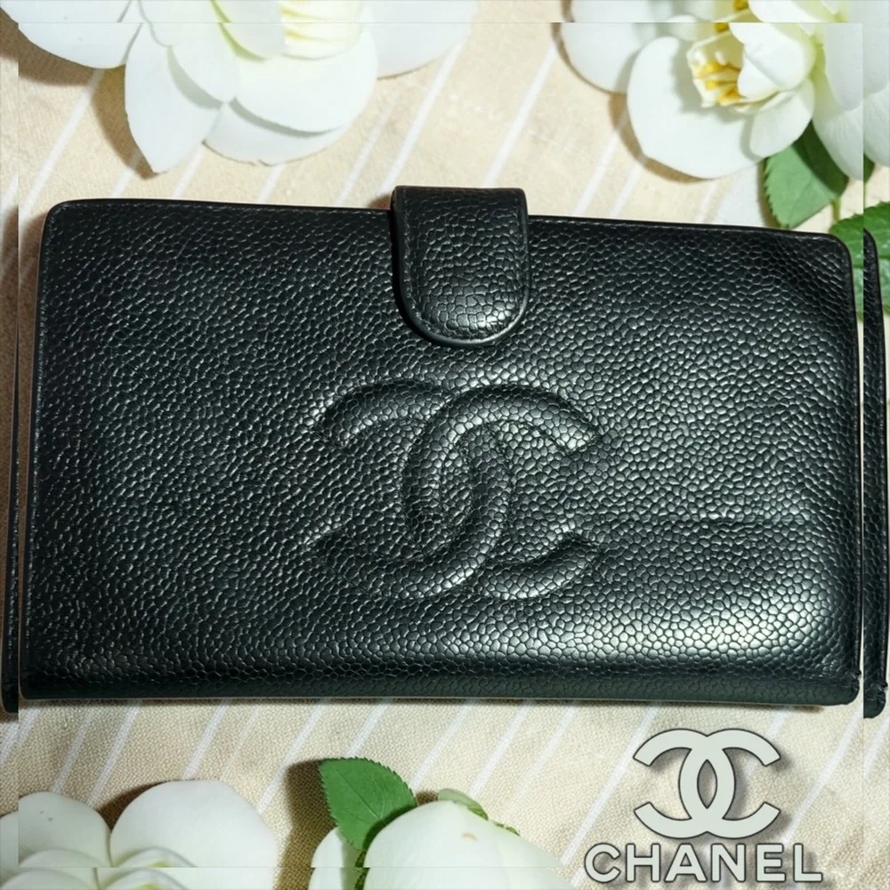 Chanel Caviar Timeless CC Long Wallet RICH BLACK LEATHER KISS Lock💋