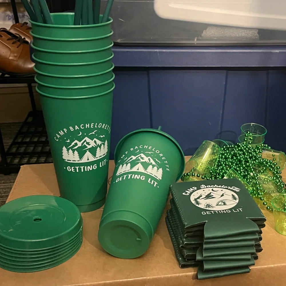 Camp Bachelorette Getting Lit Green Party Cups & Koozies Set