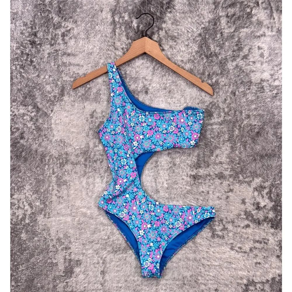Frankies Bikinis One Piece Swimsuit Medium Womens Blue Floral Cutout