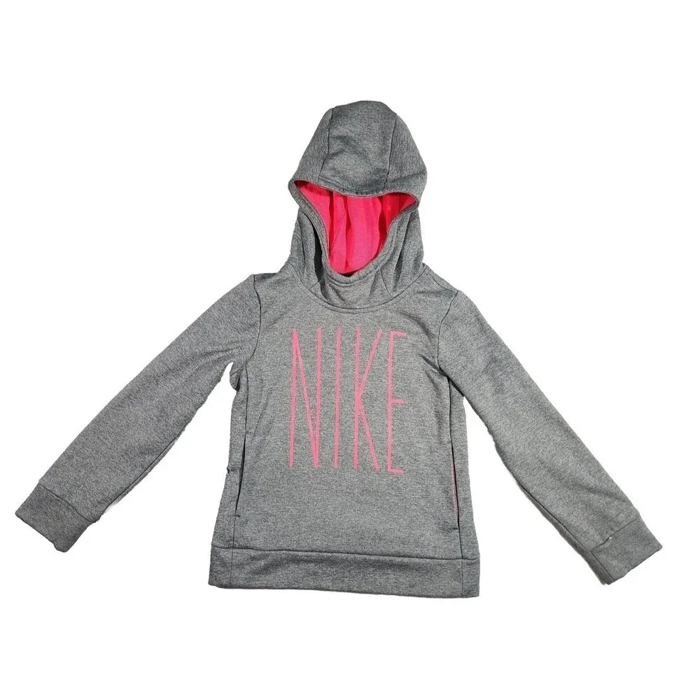 Nike DriFit Girls Small Gray Pink Pullover Hoodie  
