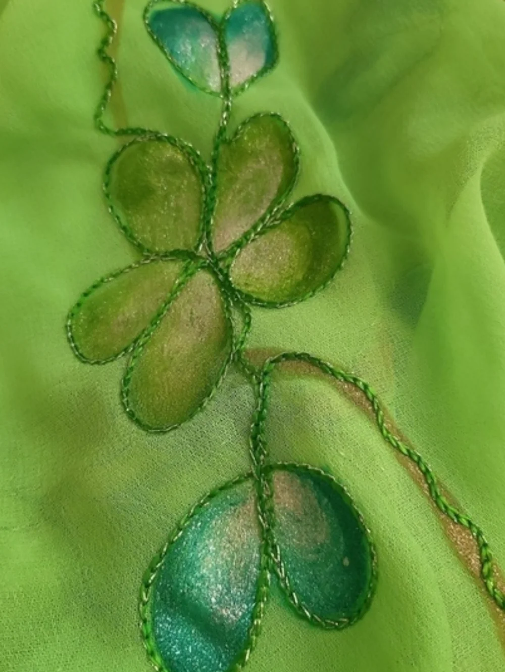 Rima Handpainted Green Floral Triangle Scarf Chiffon Terivoile Fringe