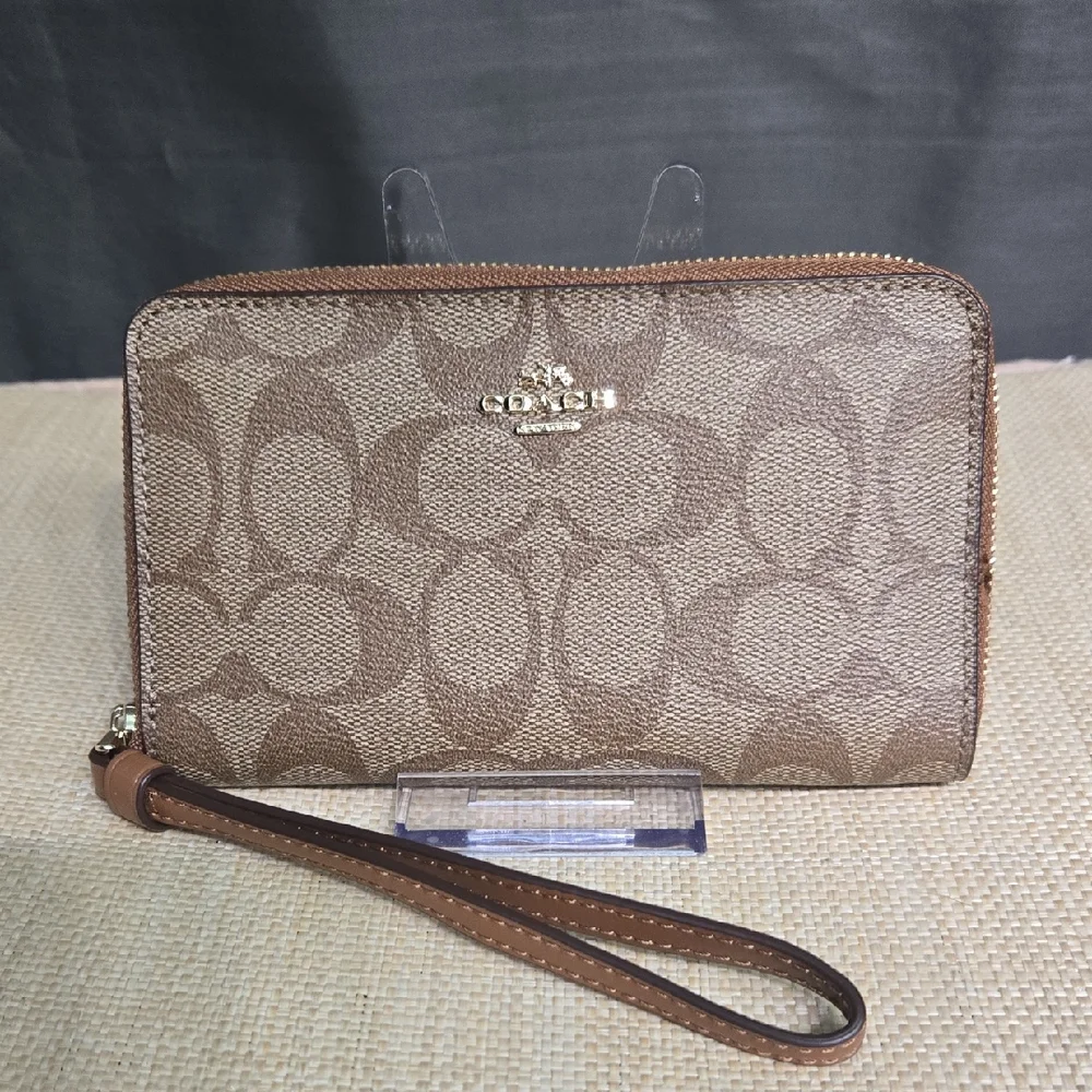 Coach Tan/Brown Signature Zip Wallet Wristlet