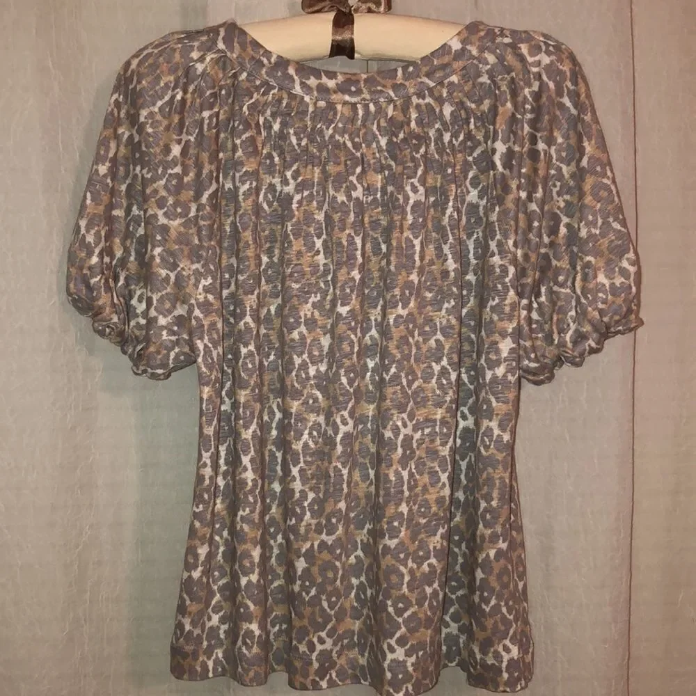 Anthropologie S Maeve Linen Puff Sleeve Leopard Top