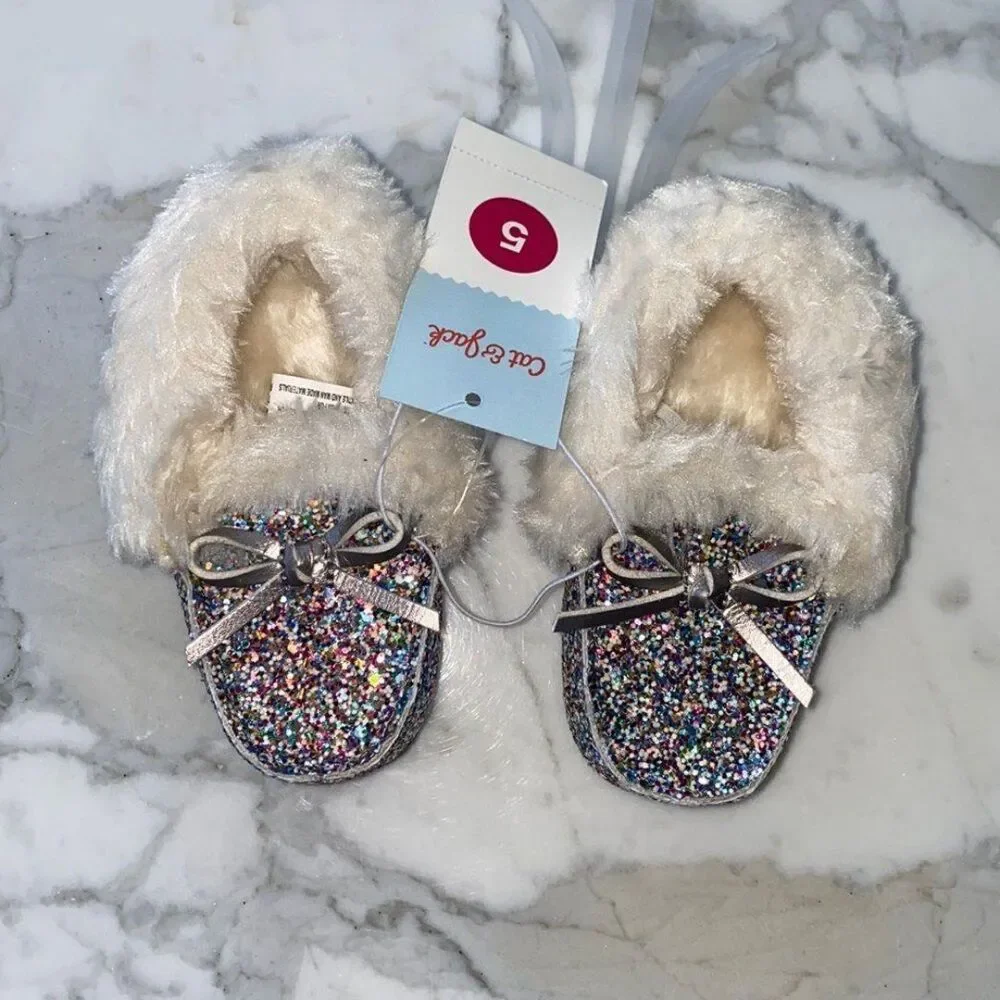 Cat and Jack‎ Glitter Moccasins size 5 Toddler Multicolor bow Slipper Shoe