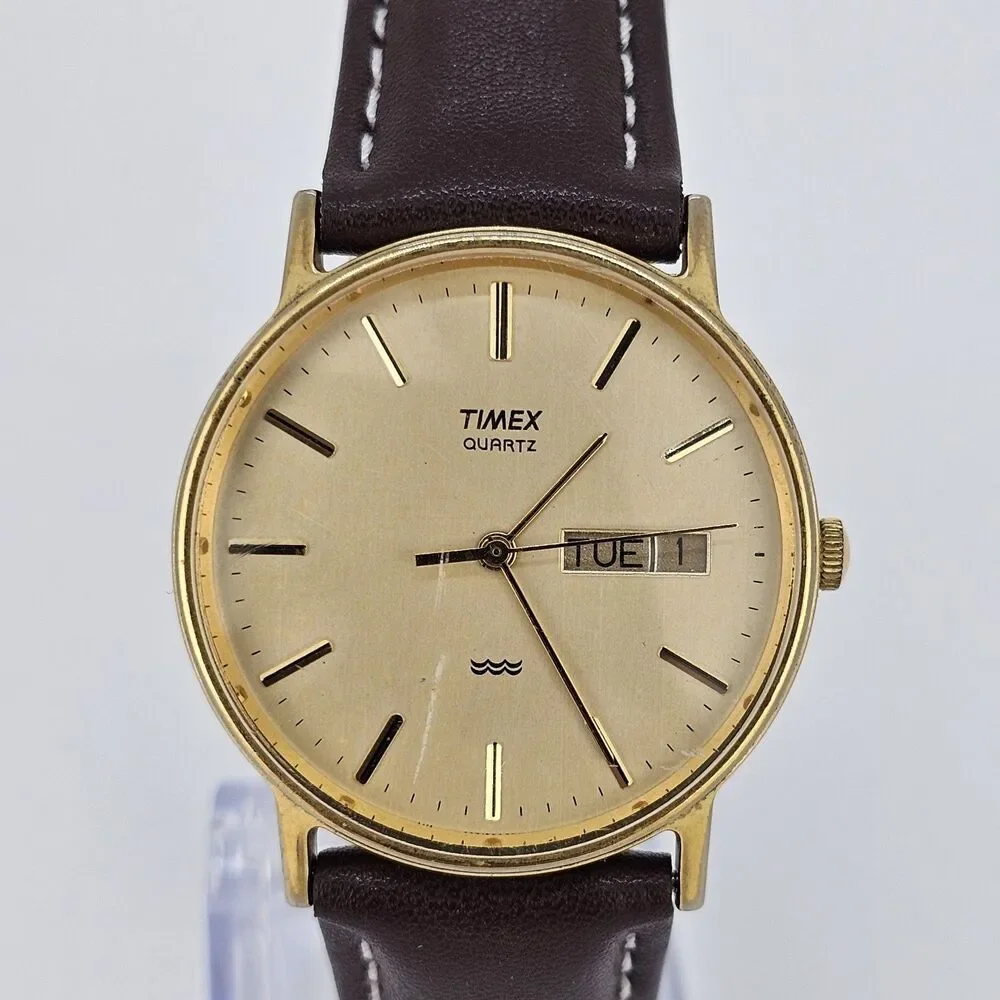 VTG Timex Men's Watch 32MM Gold Dial DayDate New Brown Leather Bands New Battery