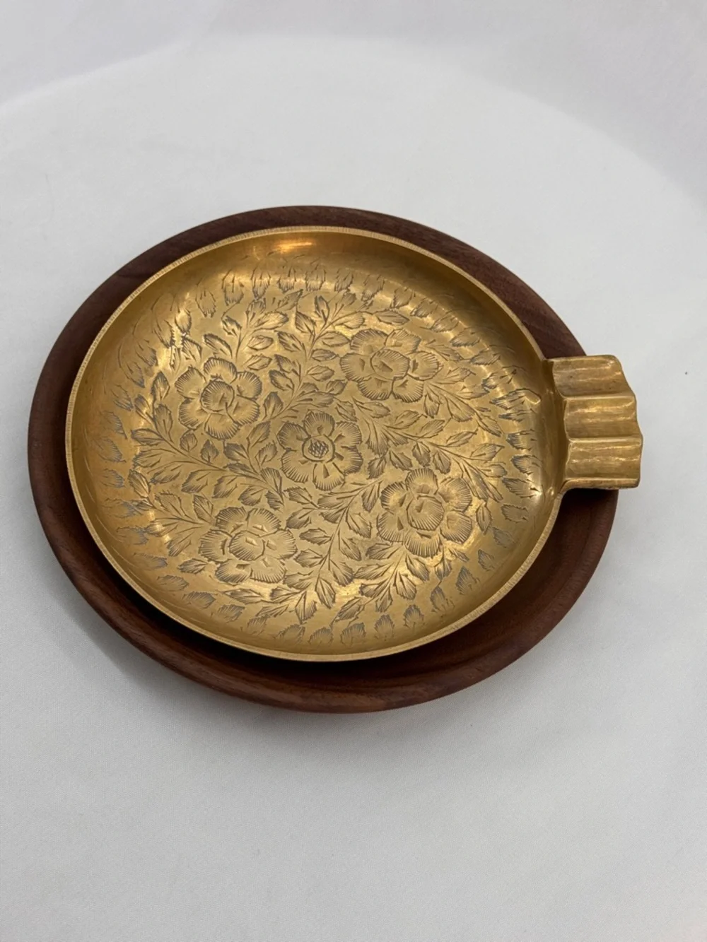 MCM Boho Decor Vintage Etched Brass Floral Ashtray & Walnut Wood Trinket Dish