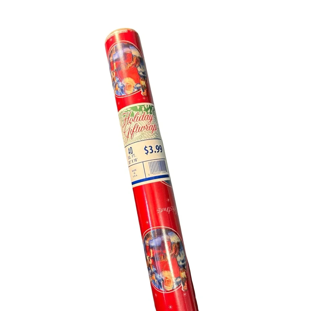 Vintage Christmas Gift Wrap Santa Claus Red Holiday Wrapping Paper USA 40 SQFT