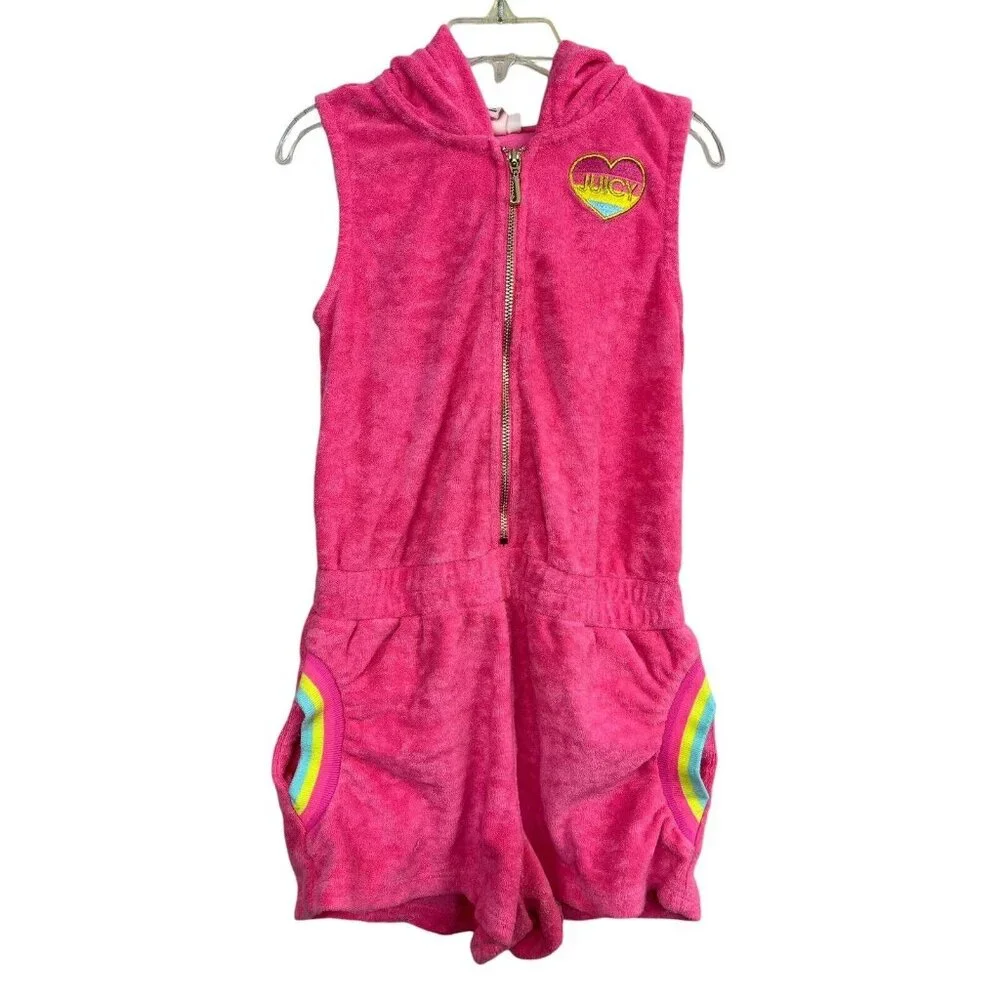 Juicy Couture Girls Romper with Hoodie Sz 6 Pink Terry Cloth Rainbow Retro Style