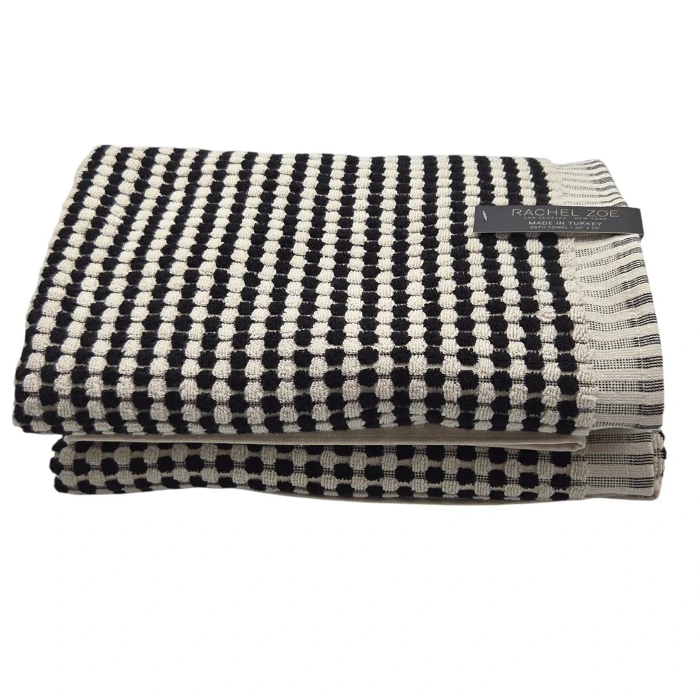 Rachel Zoe 4pc Turkish Cotton Towel Set Black Ecru Raised Dots 2 Bath 2 Hand