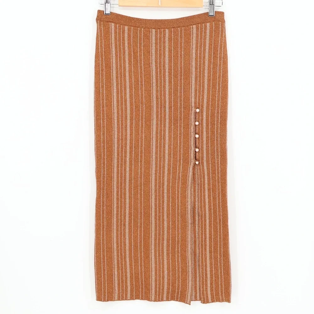 LPA Revolve Vance Midi Knit Skirt‎ Metallic Stripe Bronze Gold Pearl Size S