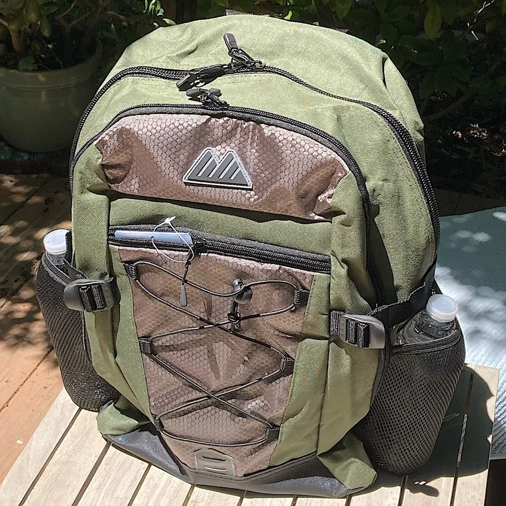Backpack Avocado Green with Black Trim Side Pockets New 19” Unisex
