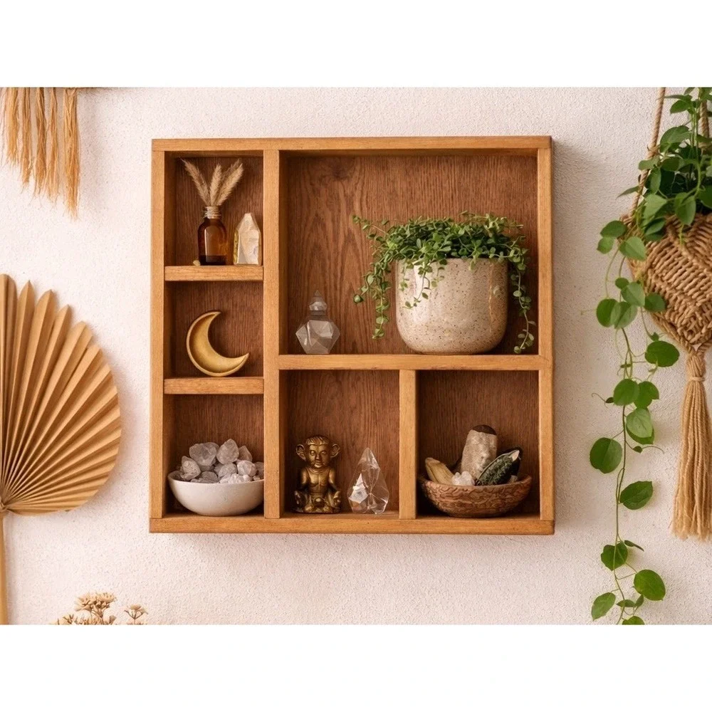 Vintage 90's Granny Core Boho Wood Wall Display Trinket Shadow Box Shelf 20x20