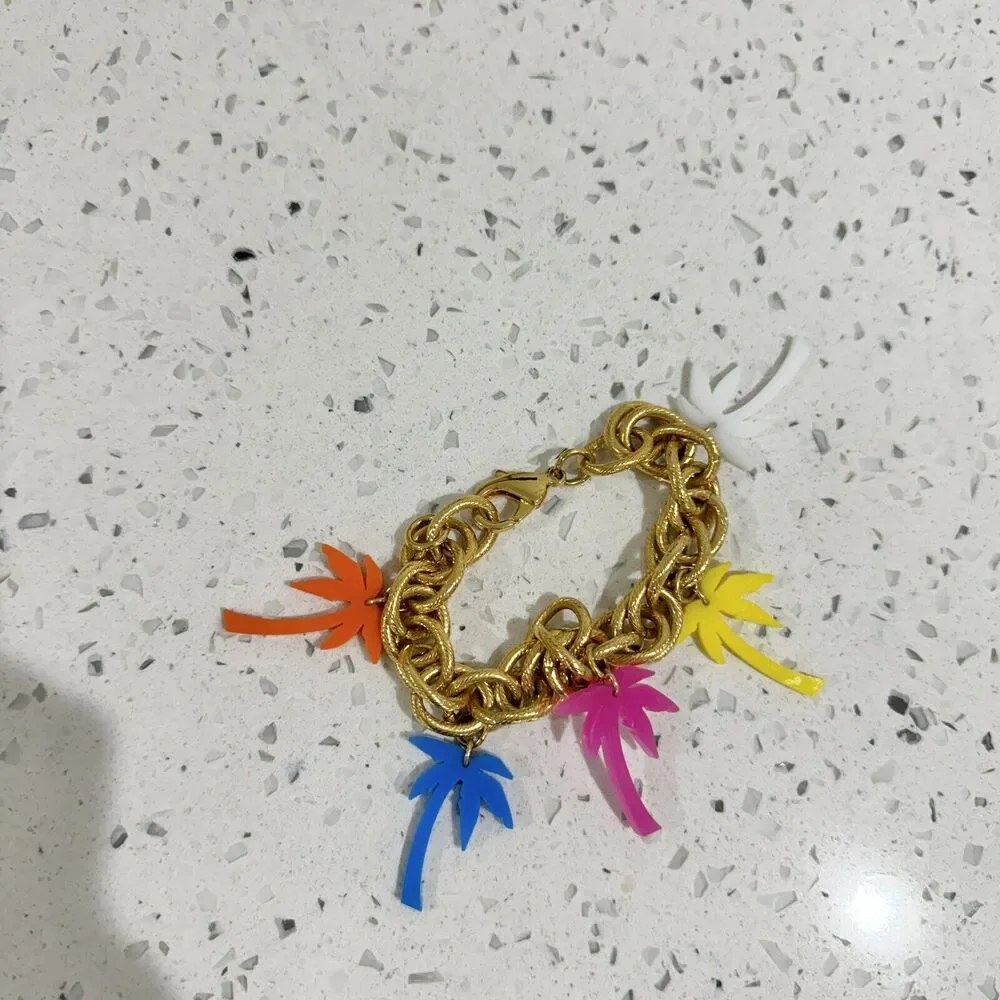 Gold Chain Chunky Link Bracket With Palm Tree Charms Cosmetic Tropical