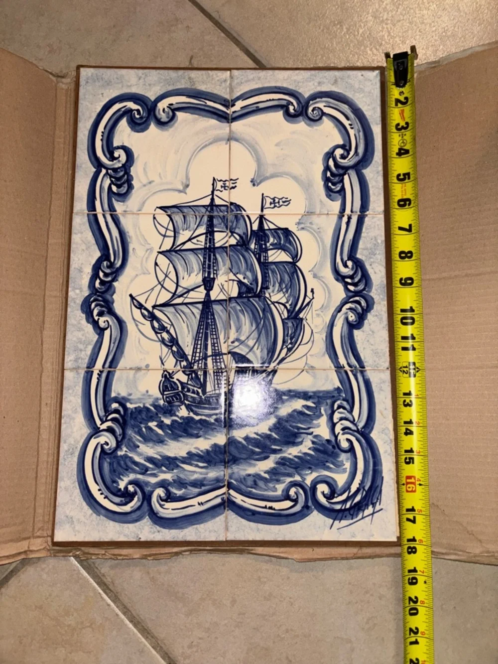Vintage Portuguese Azulejos Blue and White Signed 6 Tile Mural Sailing Mural Art