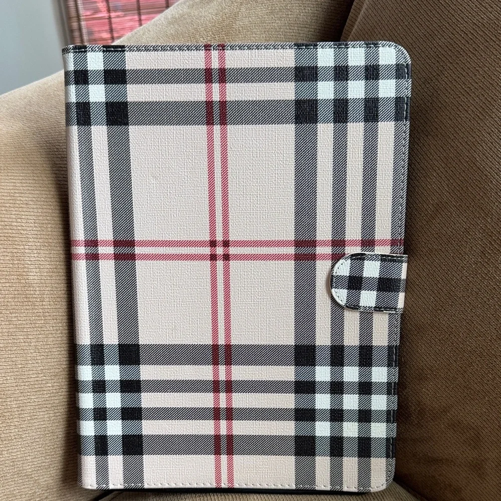Plaid Tablet Folio Case with Magnetic Closure - White, Black & Red