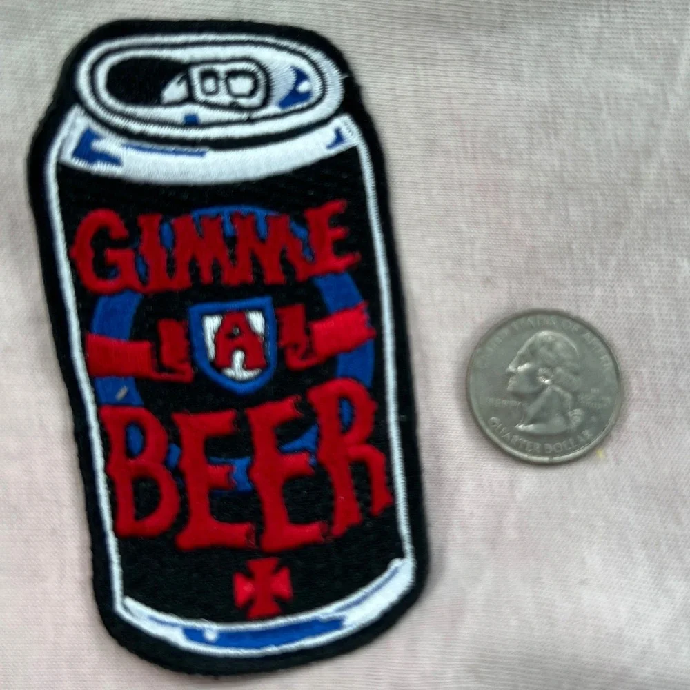 Goblinko GIMME A BEER PATCH CAN BN Game Fantasy Vest Jacket Sean Aaberg Red Blue