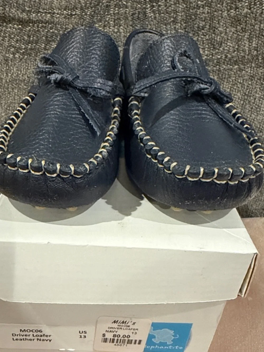 Elephantito Navy Leather Moccasins with Contrast Stitch
