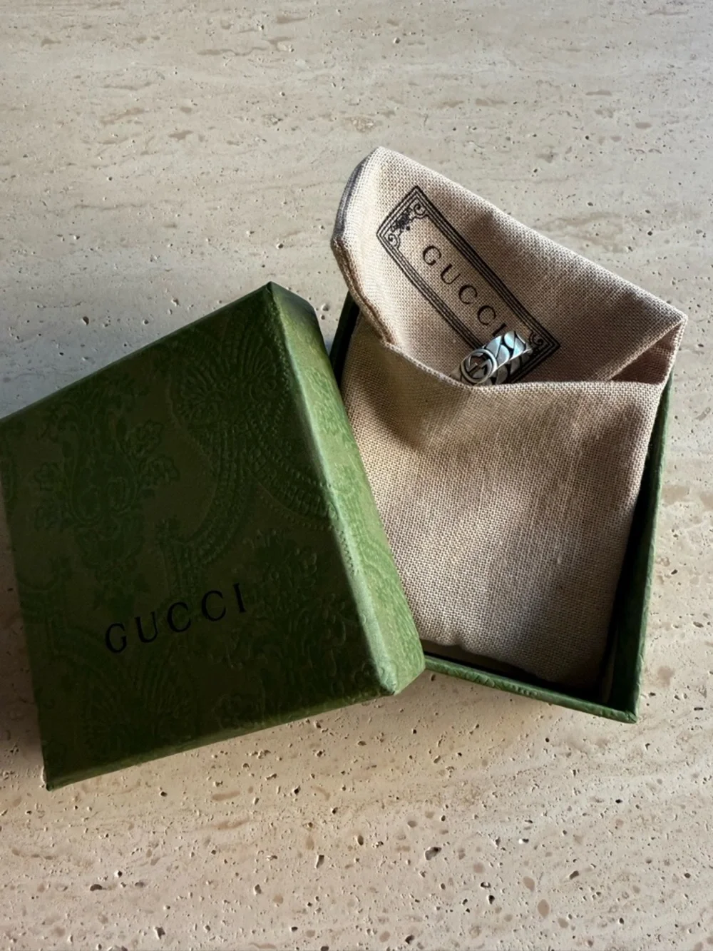 NWB GUCCI WIDE INTERLOCKING STERLING SILVER RING DESIGNER SZ: 24