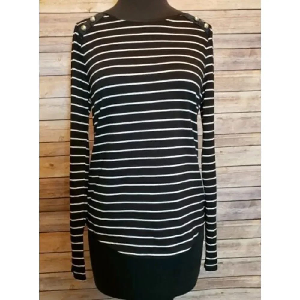 White house black market WHBM Long Sleeve Womens Black White Striped shirt XS