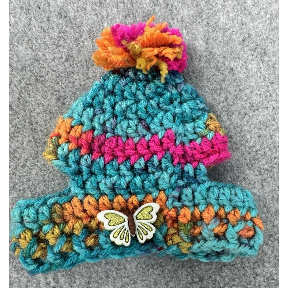 Dog Sweater & Hat Set Small Teal Multicolor Handmade Crochet Pom Pom Puppy