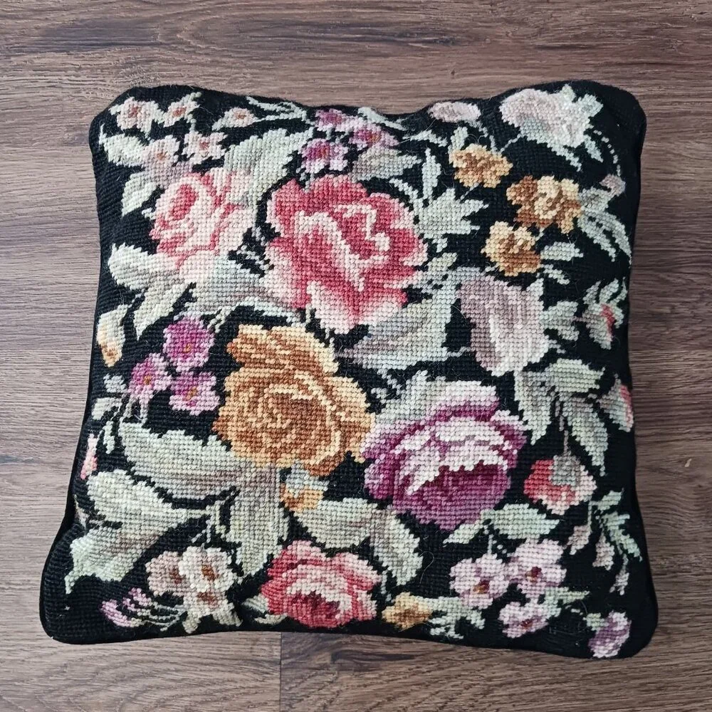 Vtg Embroidered Needlepoint ROSES Floral Motif Black Velvet‎ Throw Pillow Decor