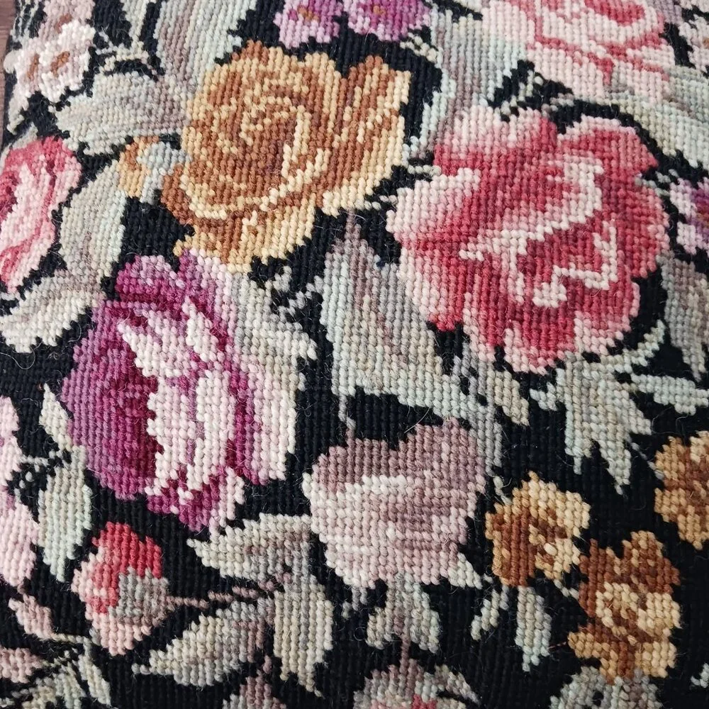 Vtg Embroidered Needlepoint ROSES Floral Motif Black Velvet‎ Throw Pillow Decor