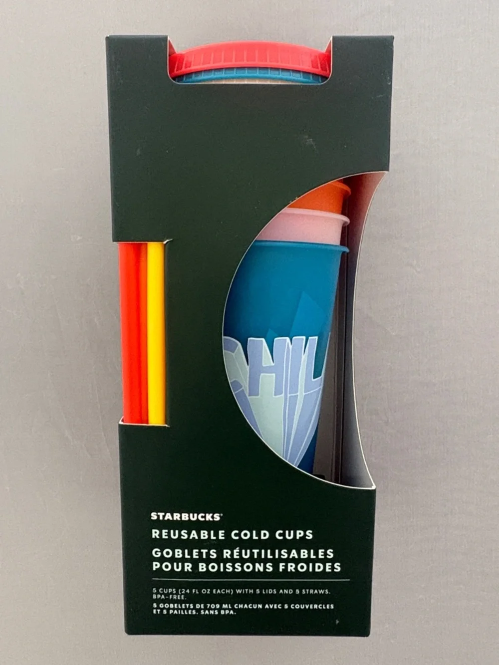 New Starbucks Reusable Cold Cups Set - Blue, Orange, Pink, Red, Yellow 5 cups