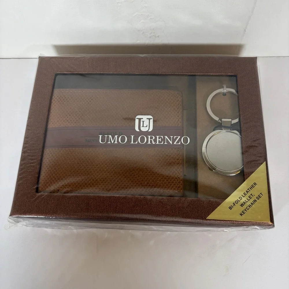 New Sealed~ Bifold Brown Leather Wallet And‎ Key Chain Set Umo Lorenzo