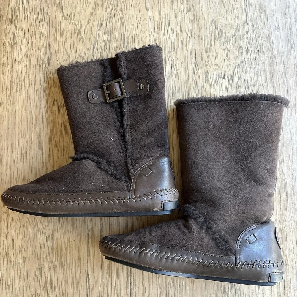 TORY BURCH Sheepskin Shearling Brwn Suede Leather Ugg Boots Mid Calf Winter SZ 7
