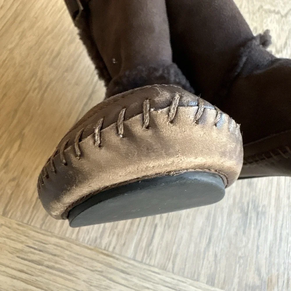 TORY BURCH Sheepskin Shearling Brwn Suede Leather Ugg Boots Mid Calf Winter SZ 7