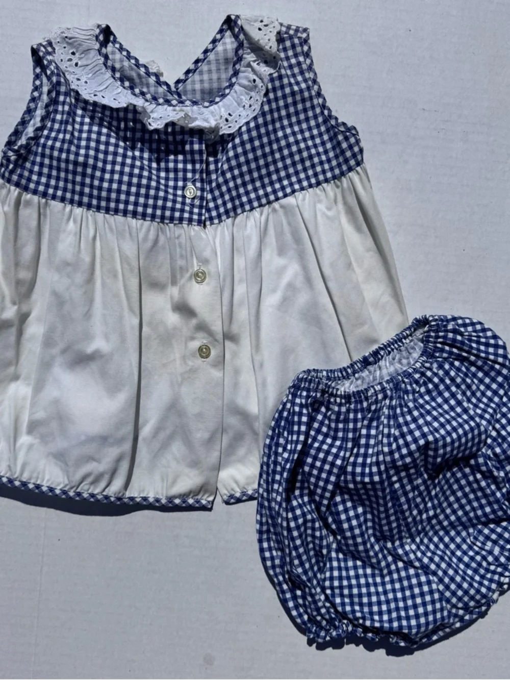Vintage Baby Outfit Set Blue Gingham Floral Basket Print 18M