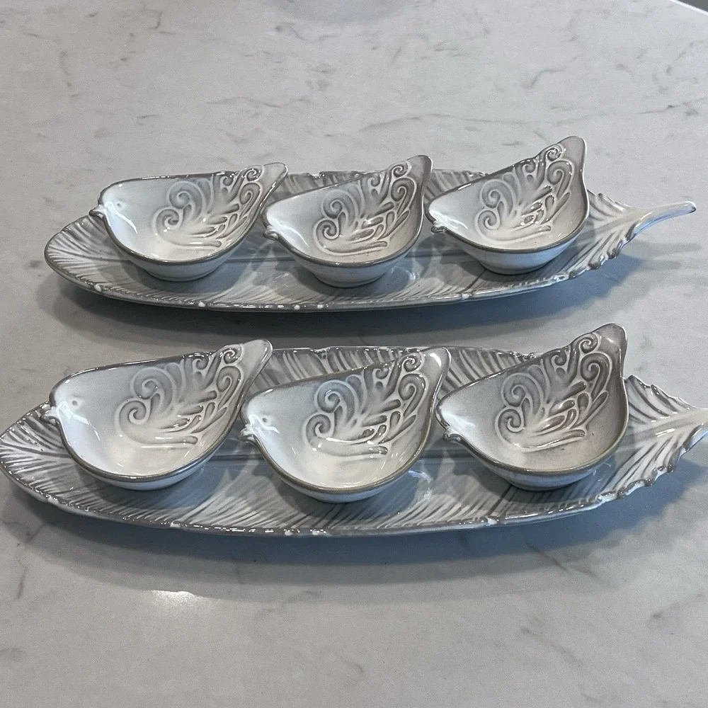 Pier 1 Ivory Cream Embossed Bird Shaped Small Bowls‎ & Feather Dishes (2 Sets)
