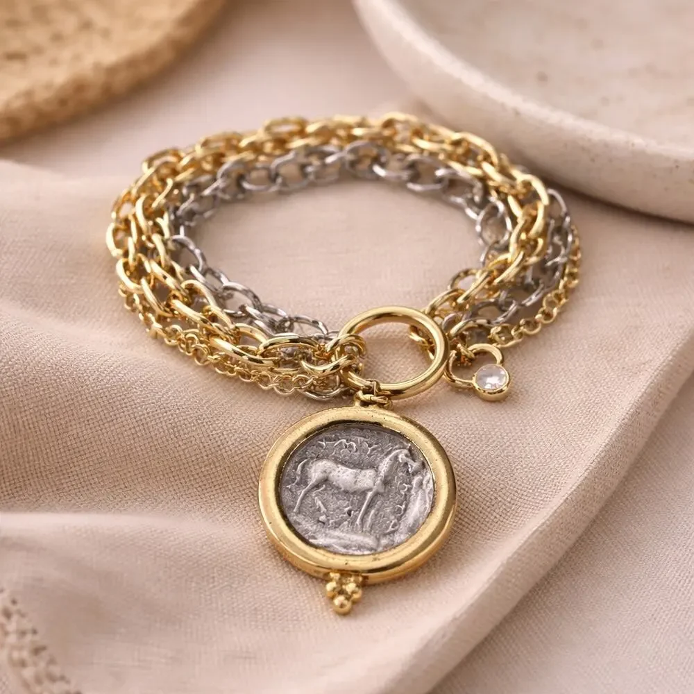 Triple Layer Greek Coin Bracelet, Horse Coin Charm, Mixed Metal Bracelet