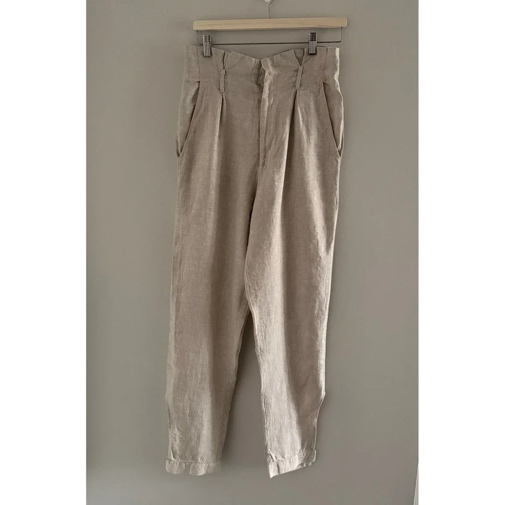 Reformation Oatmeal Beige 100% Linen Pleated High Rise Tapered Pants Size 4