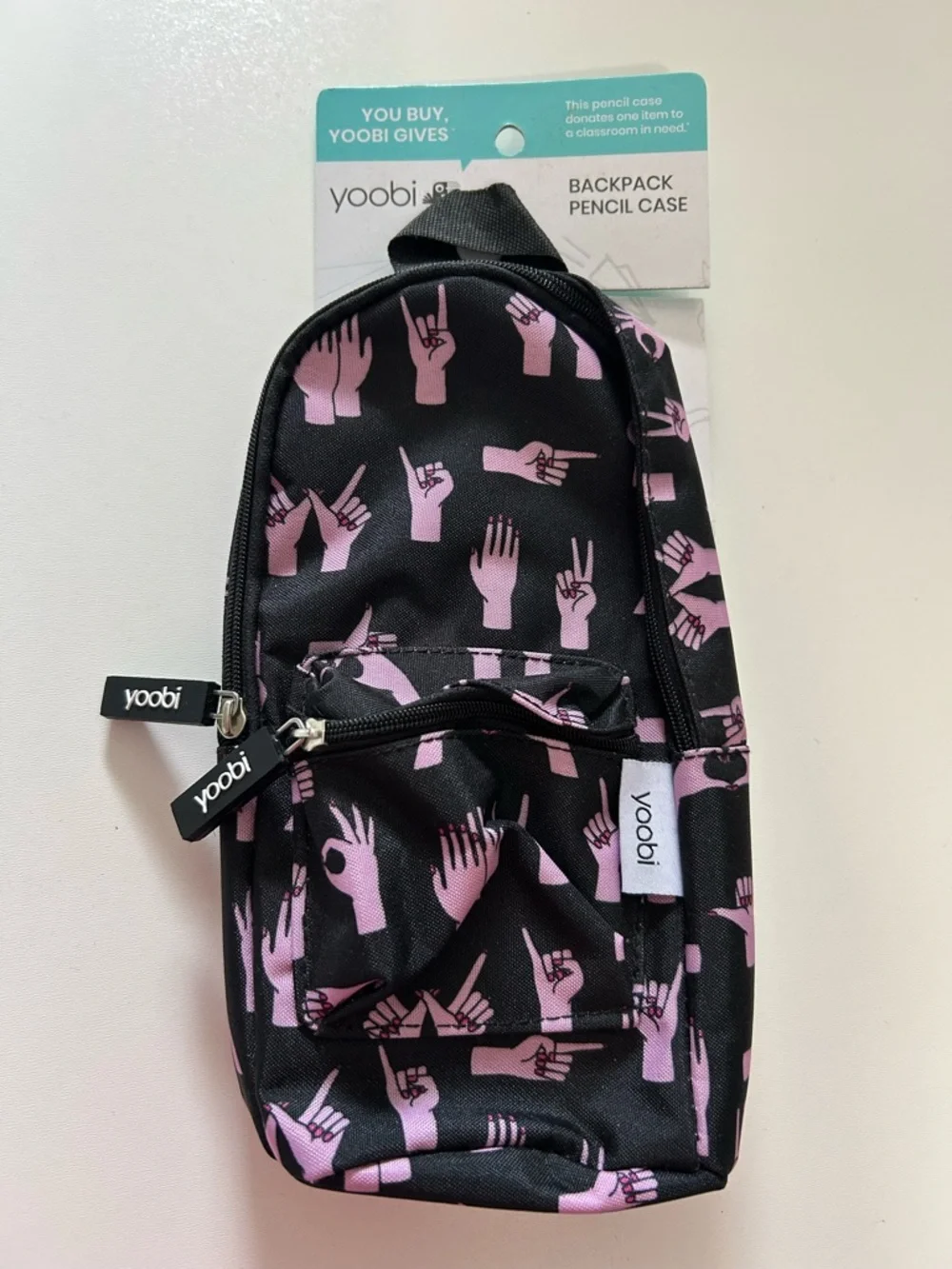 YOOBIE Hand Signs Mini Backpack Pencil Case Novelty Graphics Black Pink New