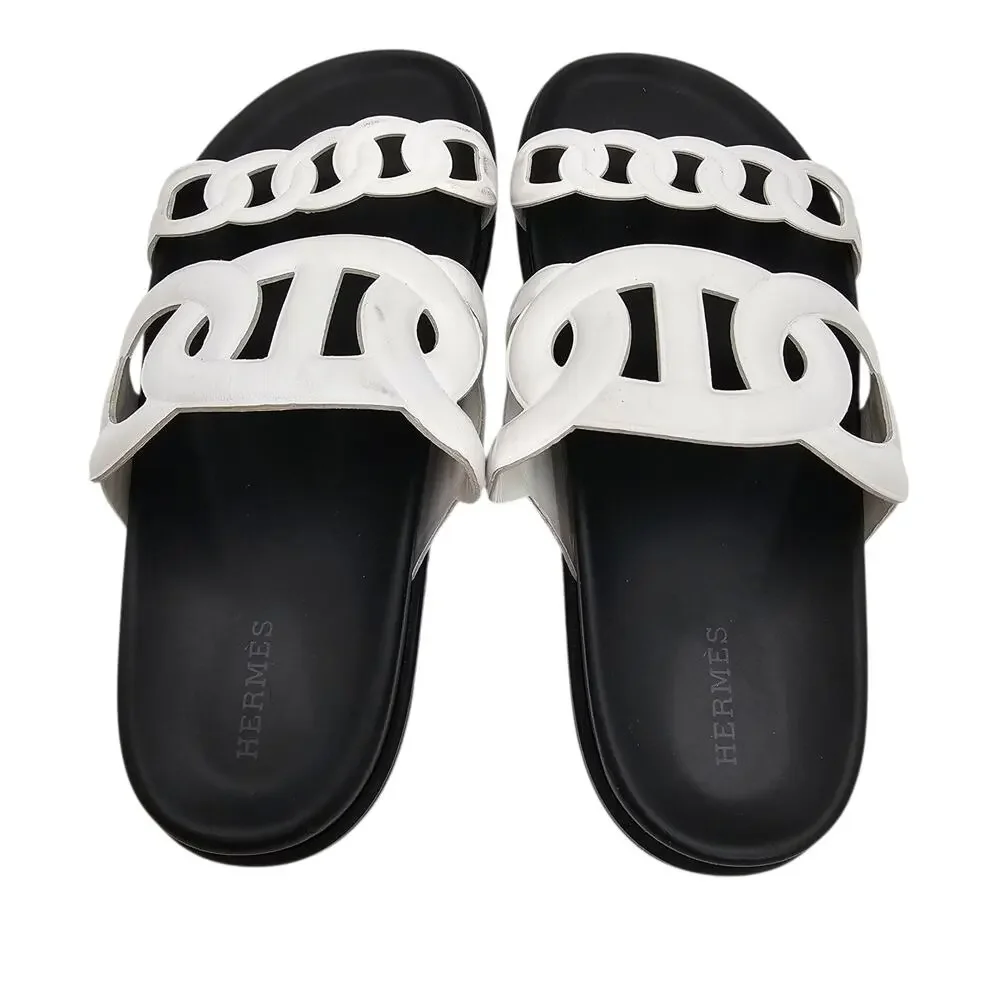 Hermes Extra Sandal Flat Slide Double Strap Black White Leather Size 38 US 8