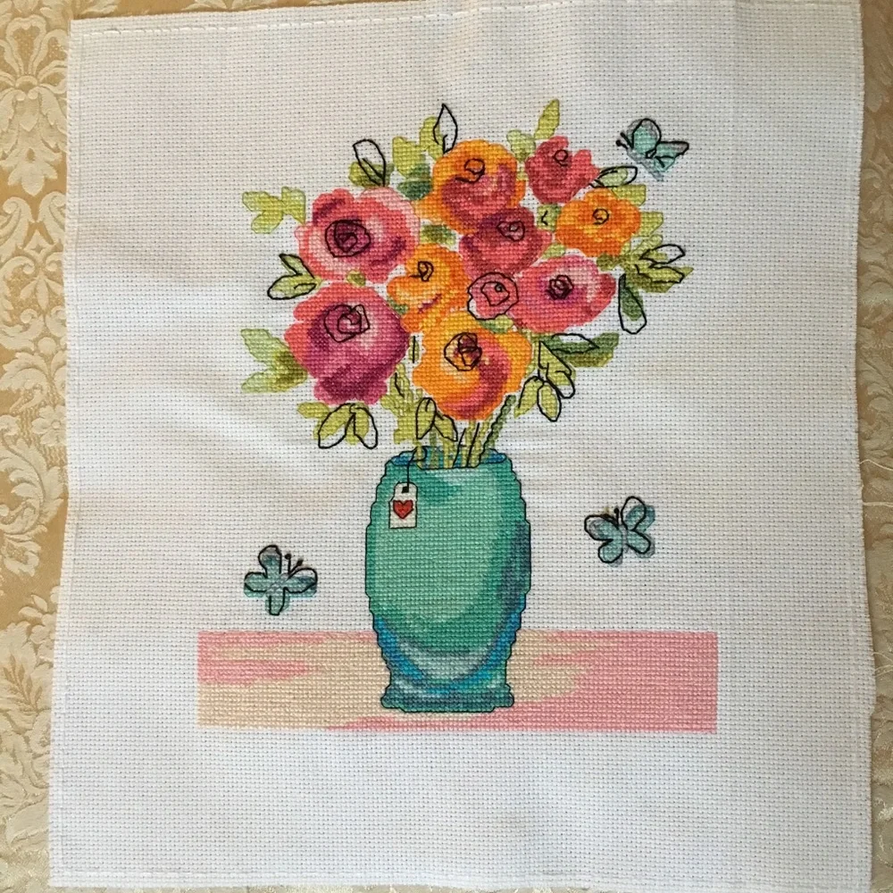 NEW hand sewn colorful flower bouquet wall art