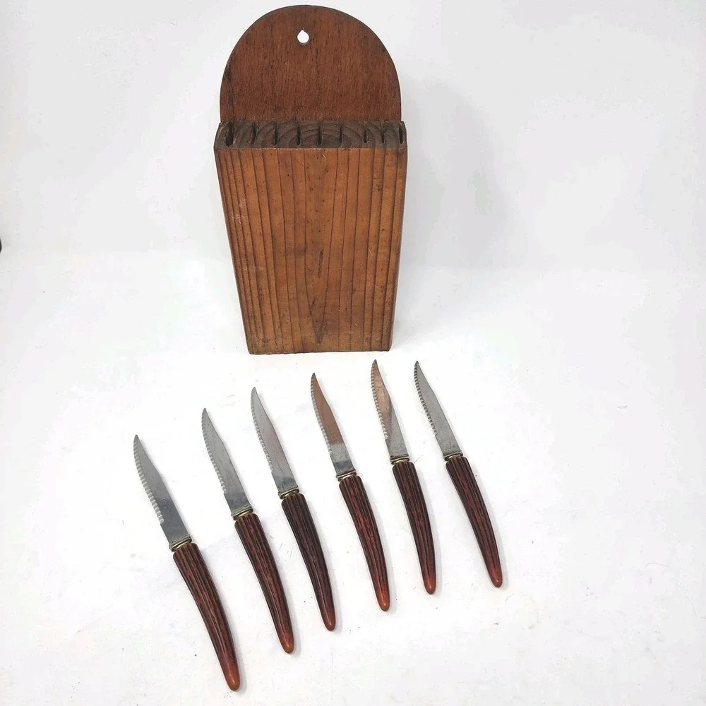 6 Regent Sheffield Steak Knives Stainless Bakelite Faux‎ Antler Handle VTG Block