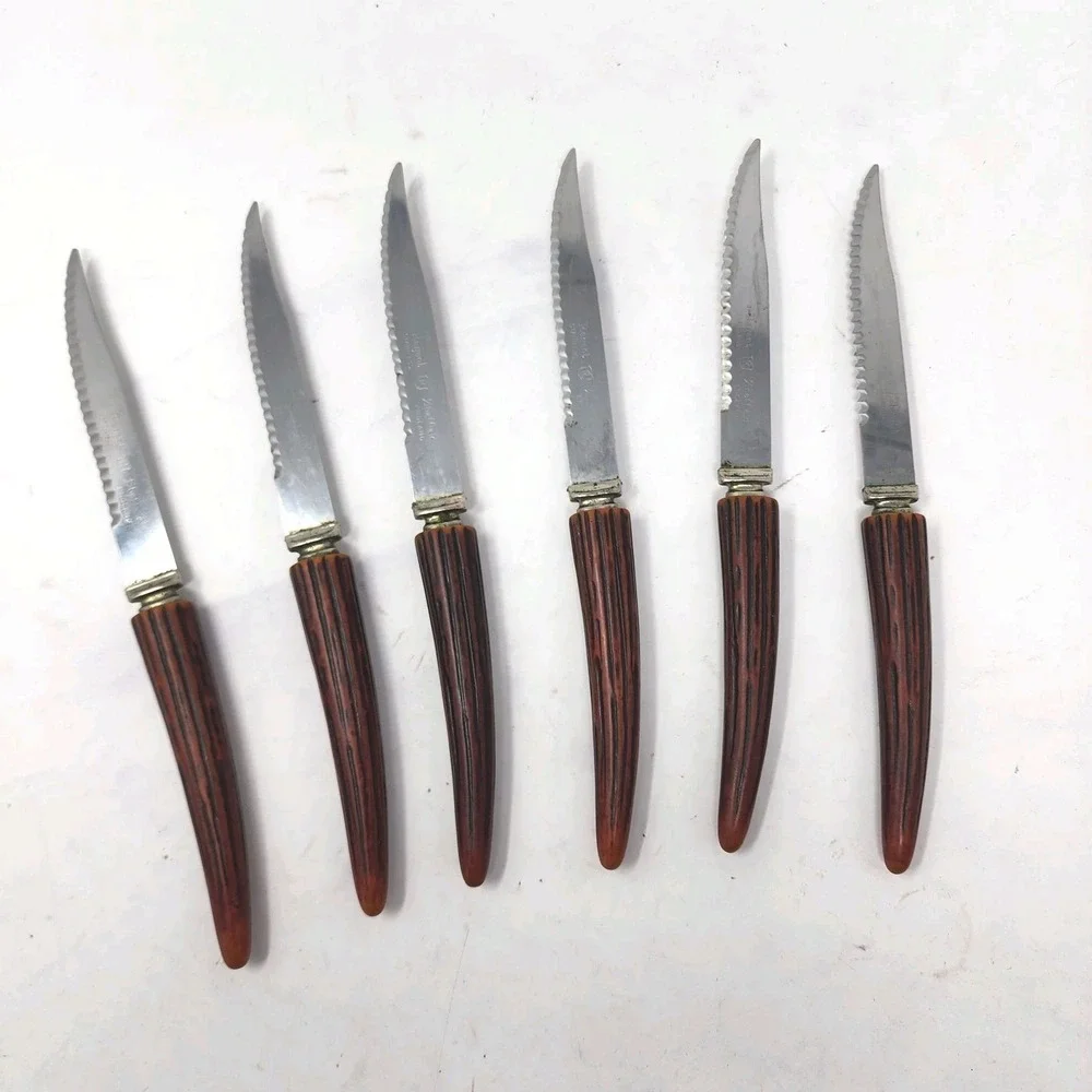 6 Regent Sheffield Steak Knives Stainless Bakelite Faux‎ Antler Handle VTG Block