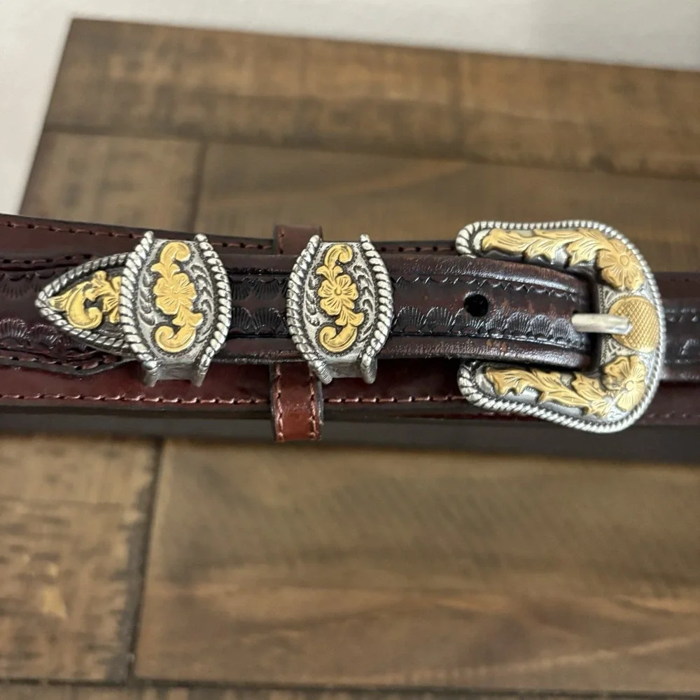 Nocona Brown Leather Western Belt 46 | Two-Tone Silver & Gold Buckle | Tooled