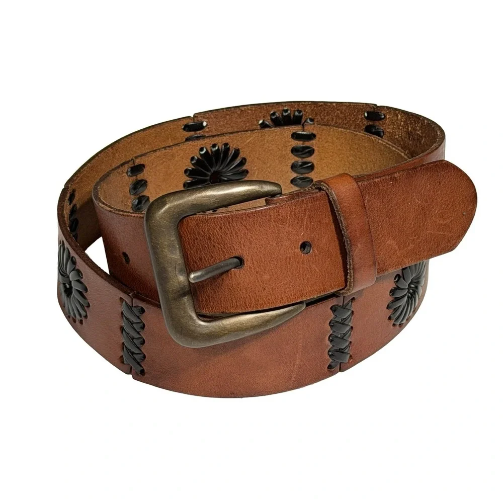Leather Flower Stitched Brown Belt Women's  Medium Boho Whimsy Fits 34