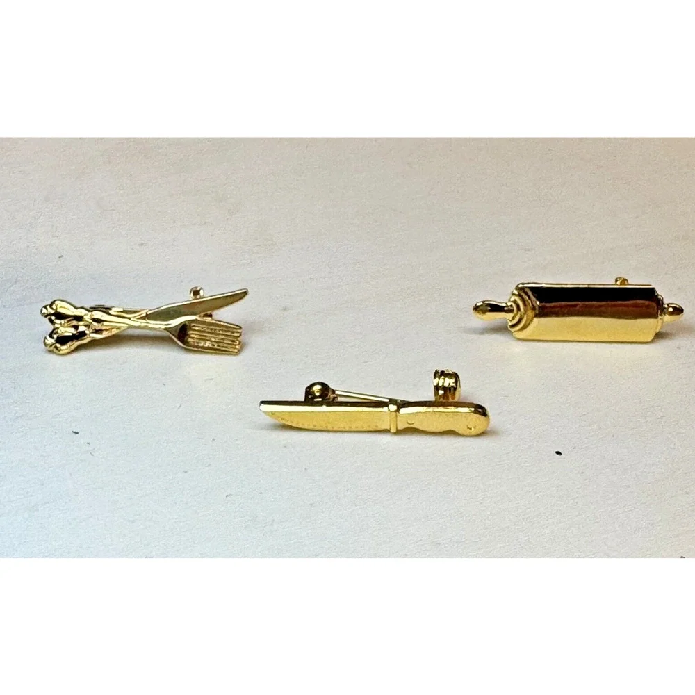 Vintage Gold Tone Knife Fork Spoon Rolling‎ Pin Lapel Hat Pins Novelty Set of 3