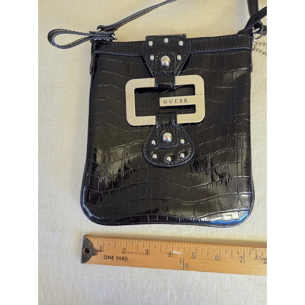 Vintage Y2K Guess Western Croc Big G Silver Studded Patent Black Crossbody Purse