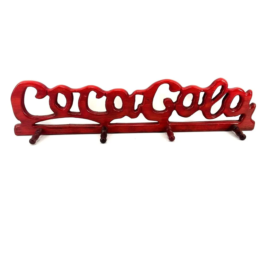 Vintage Cursive Coca-Cola Red Wood Wall Mounted Peg Rack Coat Hat Hanger