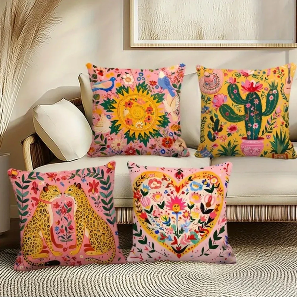 Boho Folk Art Pillow Covers Set of 4 Pink Leopard Floral Cactus 16x16