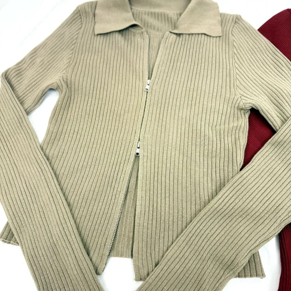 SHEIN Lot of Two Ribbed Sweaters L Slim Fit Polo Tops Zip Gray Red NWT B41