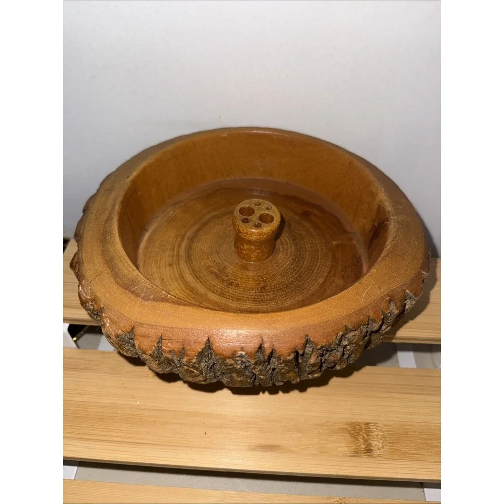 Vintage Wood Nut Cracking Bowl W Natural Tree Bark