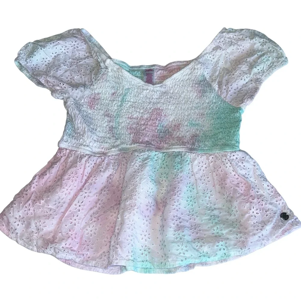 Justice Girls Tie Dye Smocked Eyelet Top Pastel Pink Blue Green Size 12/14