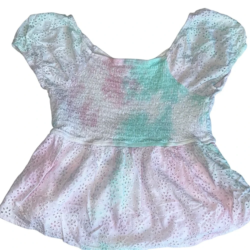 Justice Girls Tie Dye Smocked Eyelet Top Pastel Pink Blue Green Size 12/14